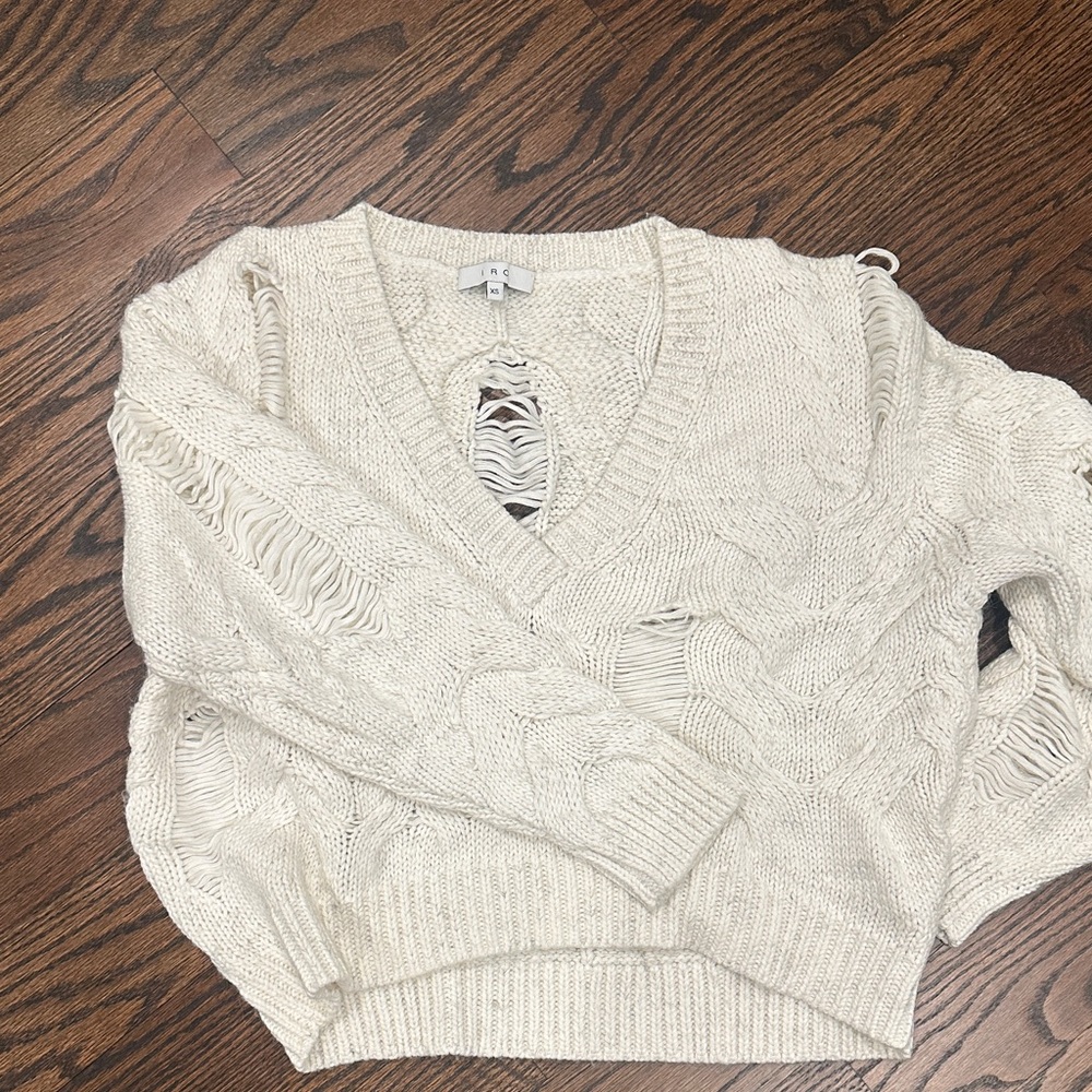 IRO Cream Distressed V-Neck Sweater